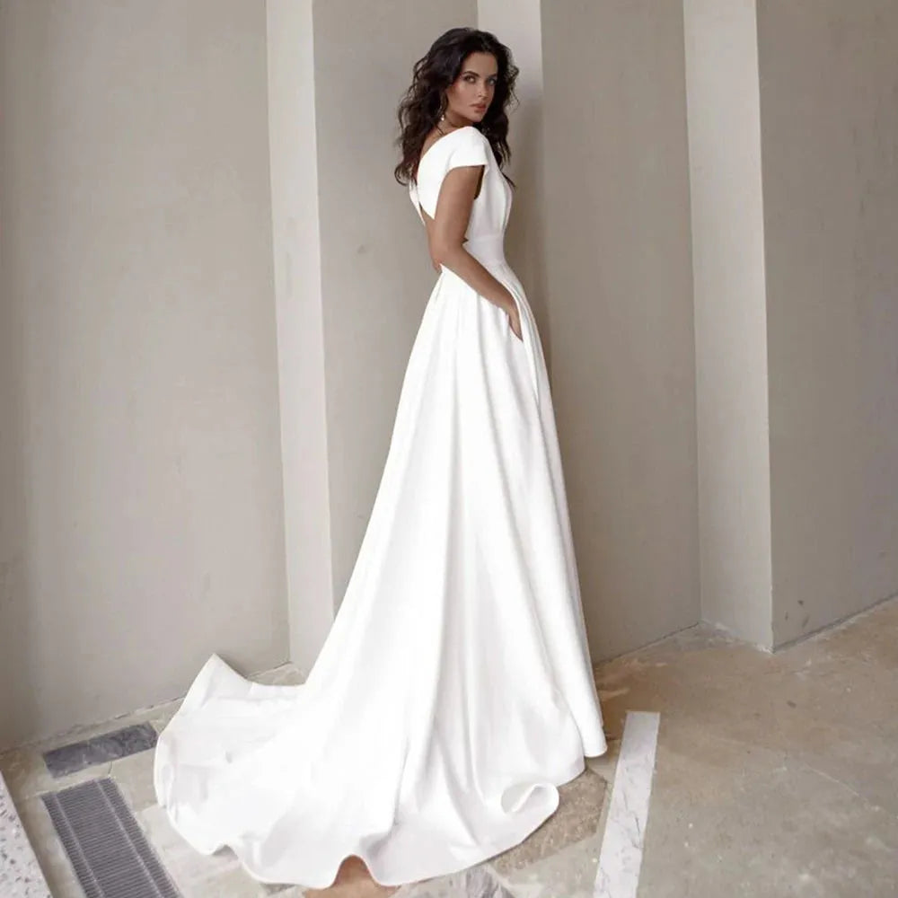 Sexy Satin V-Neck Wedding Dress A-line Sleeveless Backless High Slit Tank Vestido De Noiva Sweep Train Bride Gown For Women 14w