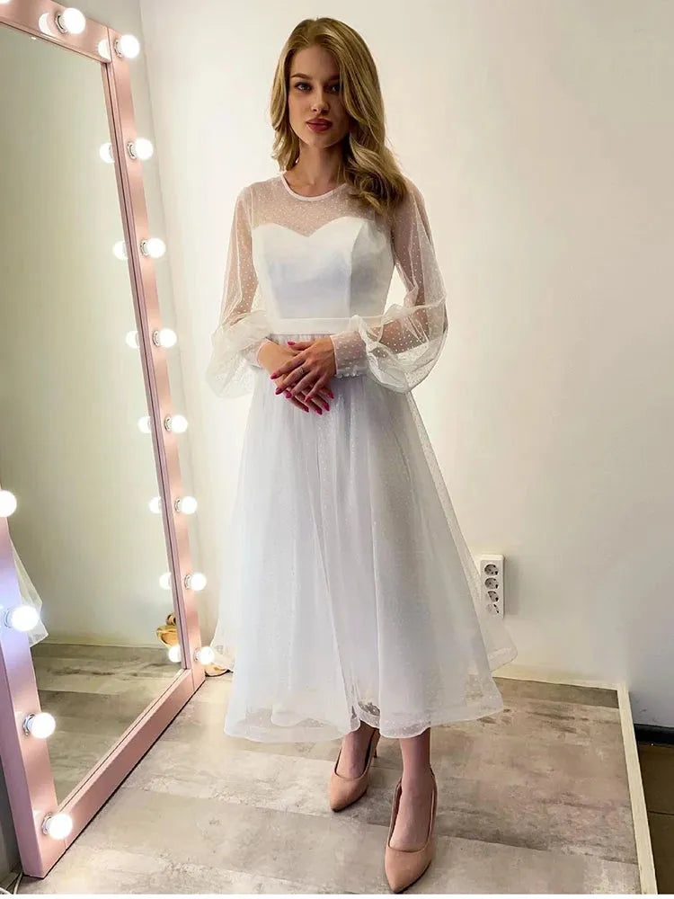 Simple Short Wedding Dress O-neck Long Sleeve Bridal Gown Lace Up Back Tulle And Organza Charming Custom Made Robe De Mariee