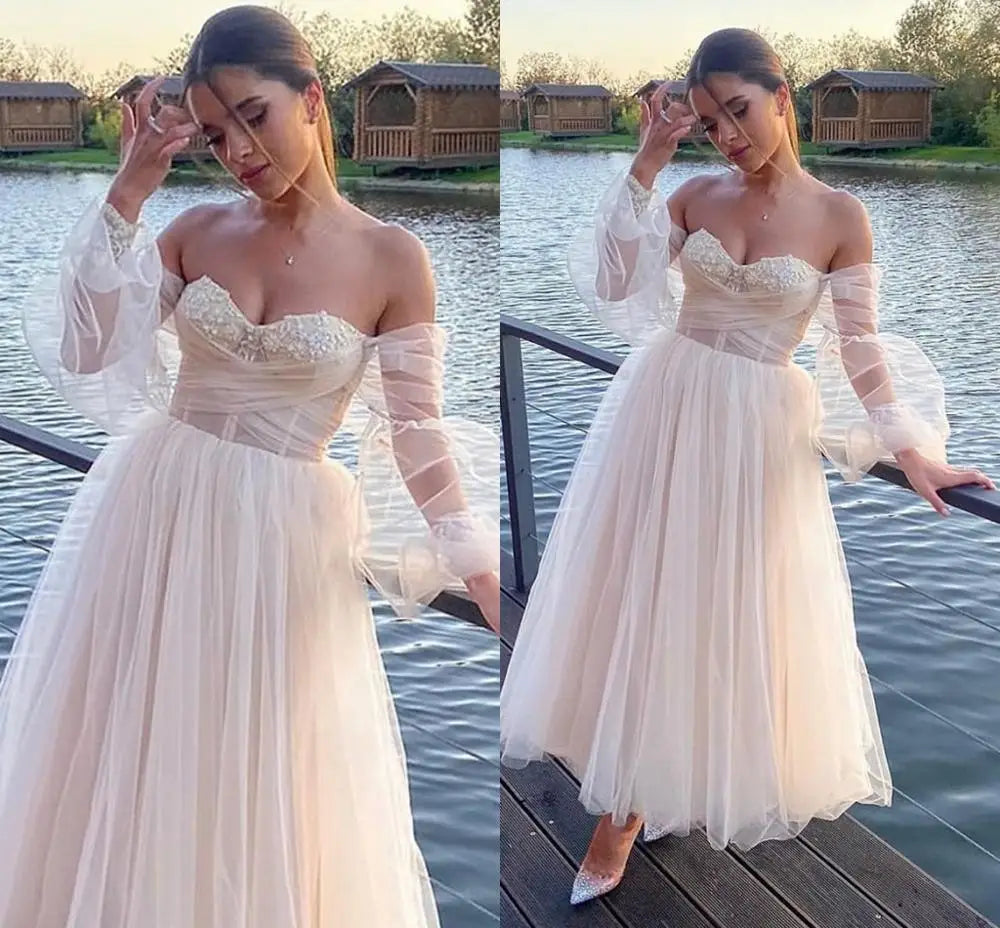 Short Champagne Wedding Dress Sweetheart Appliques Puff Sleeve A-Line Tulle Party Dress Ankle Length Robe De Fête For Women