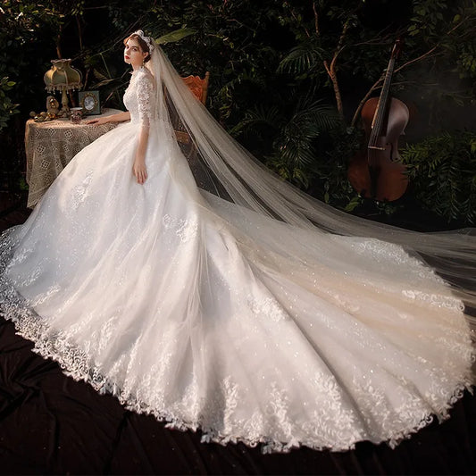 Vestido de Noiva Hochzeitskleid Drei Viertel Ärmeln hoher Nacken Luxus 1 m langes Zug Ballkleid Prinzessin Robe de Mariee Plus