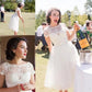 Vintage białe rękawe krótkie sukienki ślubne Kobiety sukienki ślubne długość herbaty retro kropkowana suknia ślubna