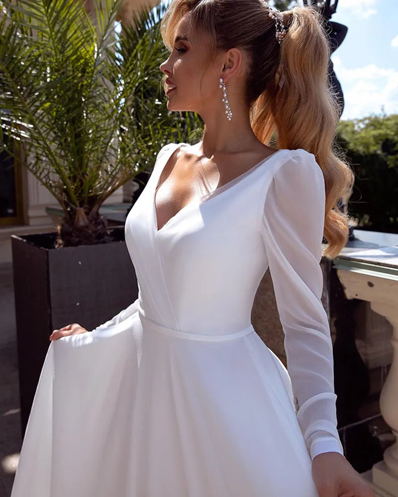 Geliebt Boho V-Ausschnitt Hochzeitskleid für Frauen Langarm Falten a-line einfache Chiffon-Brautkleid Kleid Sweepido de Novia