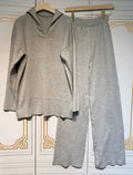 Casual Autumn Loose Knit Sweater Set Fashion Zip Lapel Long Sleeve Pullover Sweater & Straight Pants Two-piece Set GRAY