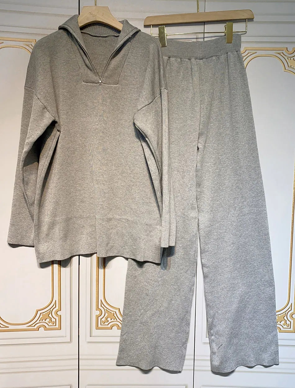 Casual Autumn Loose Knit Sweater Set Fashion Zip Lapel Long Sleeve Pullover Sweater & Straight Pants Two-piece Set GRAY