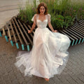 Simple A Line Wedding Dresses Capped Short Sleeve Appliques Tulle Beach Bridal Dresses Lace Up Back Vestidos De Novia