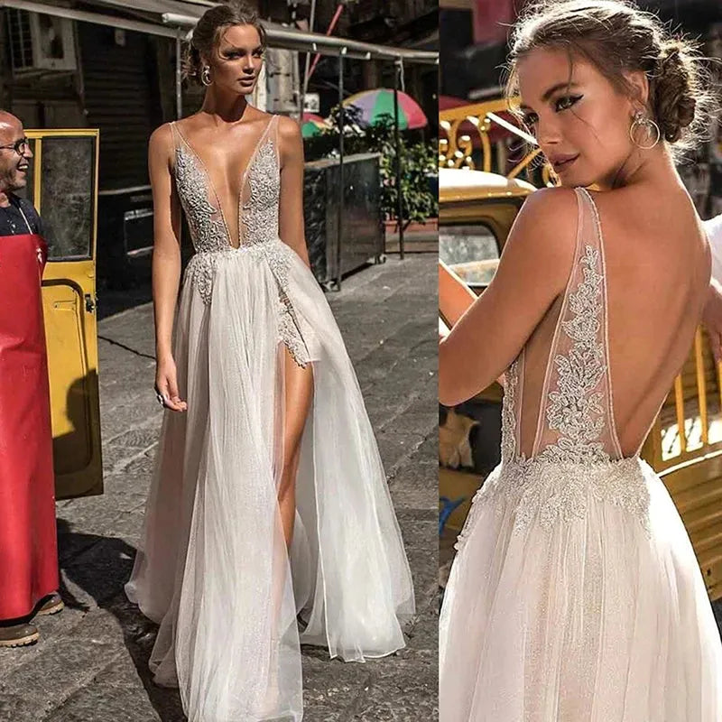 Boho Wedding Dress Sexy V Neck High Split Slit Skirt Tulle Beach Wedding Gowns Lace Appliqued Backless Bridal Dress 14w