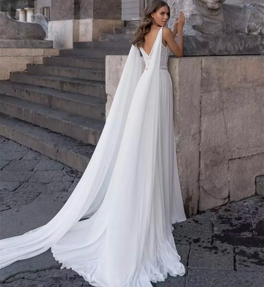 Bohemian V-Neck Wedding Dress Lengan A-Line Sisi A-Line Slit Spaghetti Mengikat Backless Lace Applique Lantai Panjang Gaun Pengantin