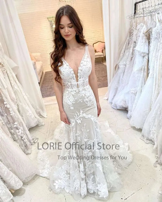 Gaun Pengantin Putri Duyung Mewah Seksi Appliques Appliques Lace Custom Made Wedding Gown Boho Bridal Dress Vestidos de Novia