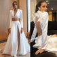 2 keping gaun pengantin satin dengan jaket lengan panjang sederhana putih elegan v leher bunga gaun pengantin sisi berpecah vestido de novia