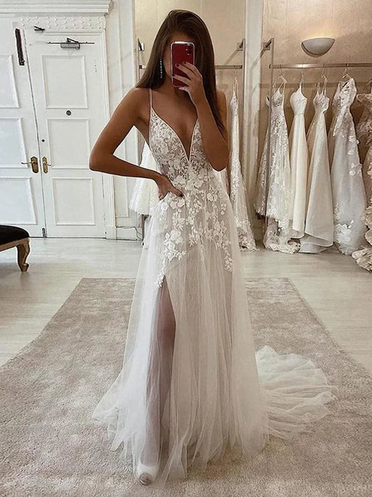 Boho Wedding Dress A Line Lace Spaghetti Tali Gaun Pengantin Side Split Long Beach Wedding Gaun untuk Wanita