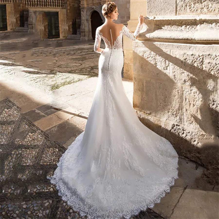 Sheer Scoop Long Sleeves Mermaid Wedding Dreses Bridal Gowns Designer Slim Custom Made Bridal Gowns Formal Fishtail Robe Champagne 2