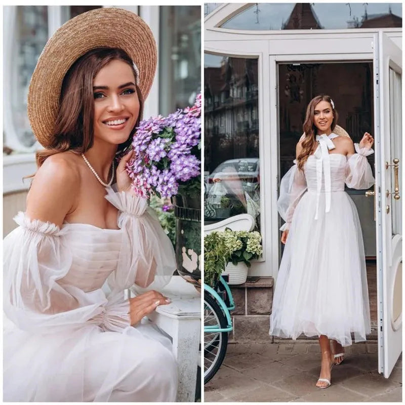 Short Beach Princess Bride Dresses Off shoulder Full Sleeve Boat Neck Simple Cheap Mid-Calf Tulle Wedding Bridel Gowns Ivory