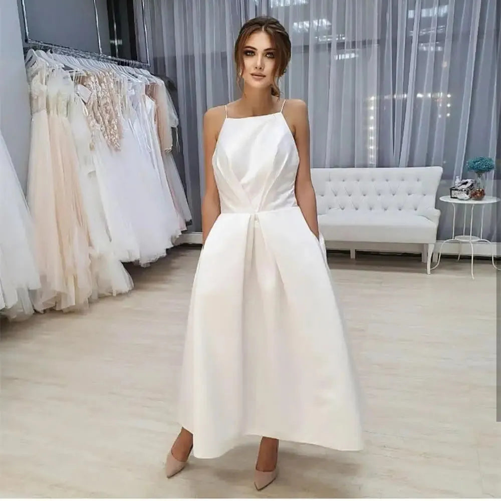 Simple Satin Wedding Dress Backless Sleeveless Bridal Gowns With Pocket Beach Ankle Length Robe De Mariee Custom Made Ivory 20w