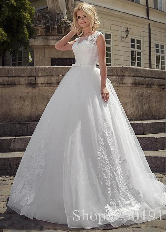 2021 Vintage Scoop Neck Tulle With Applique Lace Wedding Dresses With Waistband Sashes Wedding Gowns