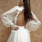 Simple Backless Short Wedding Dresses Long Sleeves Pleated Tulle Mini Bride Dresses Flowers Illusion Civil Wedding Gowns