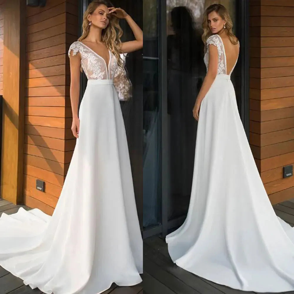 Elegant Boho Wedding Dress A Line Summer Chiffon Lace Bridal Gown Sexy Deep V Neck Backless Vintage Robe De Mariee Custom Made 14w