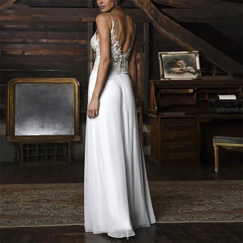 2 pcs jumpsuits gaun pengantin untuk wanita pantat pakaian renda applique manik pengantin pengantin formal gaun pengantin vestidos de noiva panjang lantai