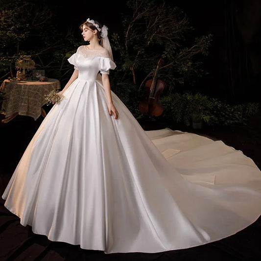 Vestido de Noiva Satin Klasik Baru 1m Kapel Kereta Bola Gown Sweet Puff Sleeve Princess Wedding Dress Plus Ukuran