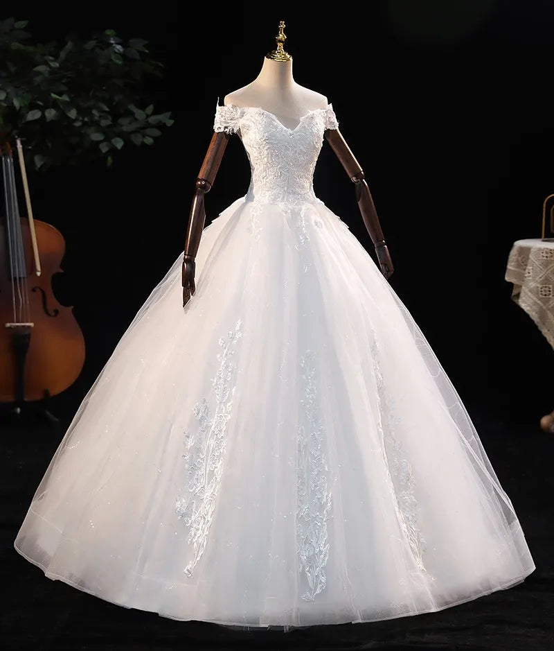 Off The Shoulder Wedding Dress Elegant Boat Neck Bridal Dress Lace Up Ball Gown Princess Luxury Vestido De Noiva Customize