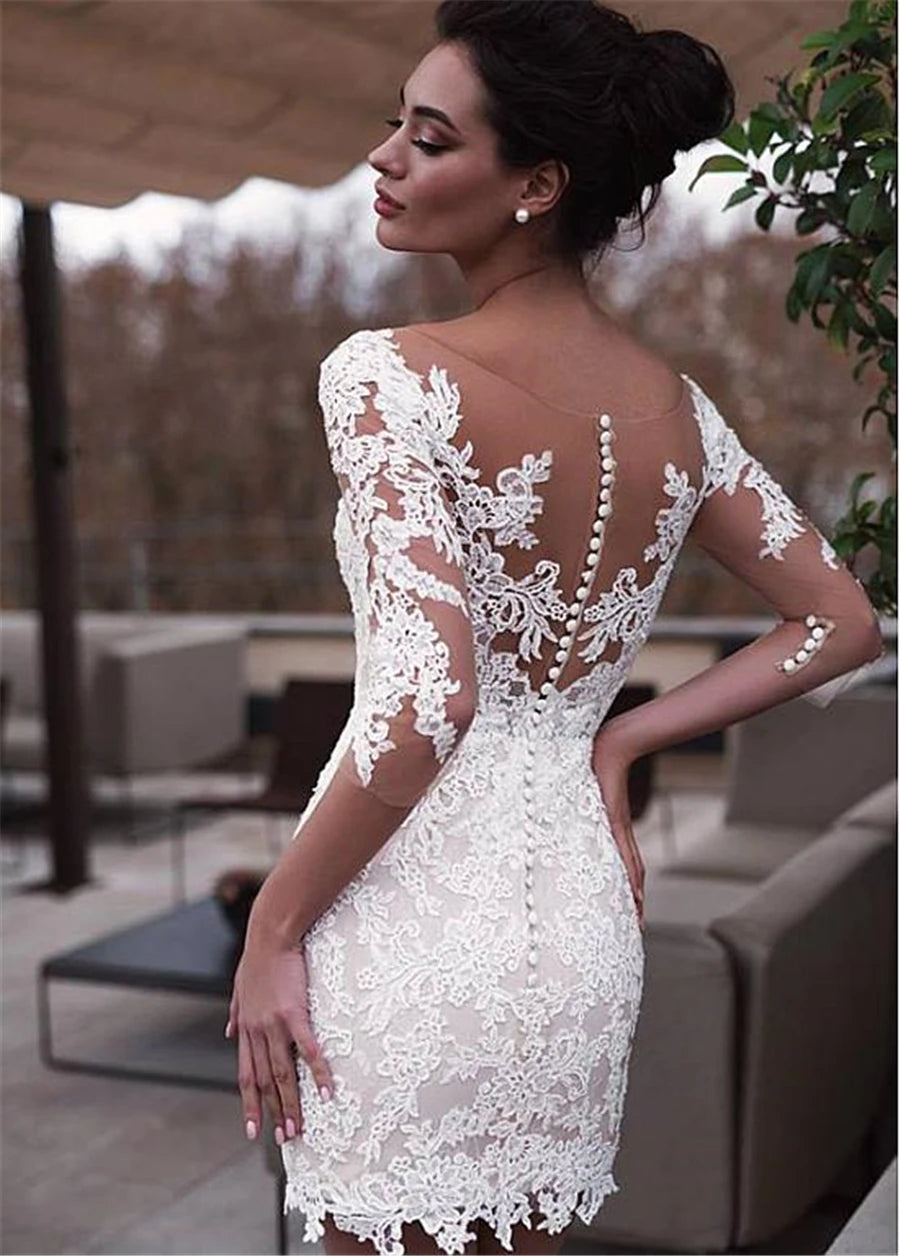 Marvelous Jewel Neckline 2 In 1 Wedding Dresses With Detachable Skirt Lace Appliques 3/4 Sleeves Two Pieces Bridal Gowns 2021