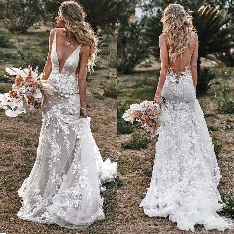 Robe de mariée sirène Vintage Spaghetti, col en v, fleurs 3D