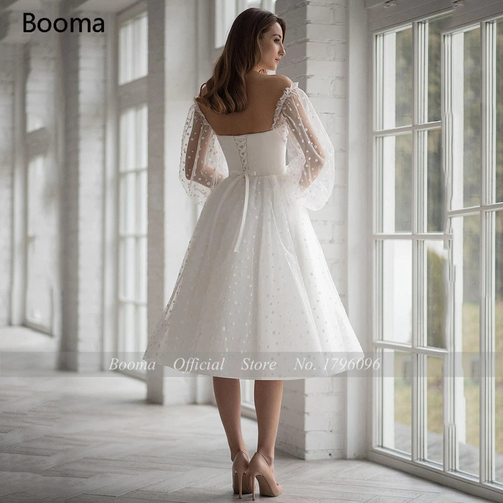 White Dot Tulle Short Wedding Dresses Long Puff Sleeves Bride Dresses Lace Up Strapless Knee-Length A-Line Bridal Gowns