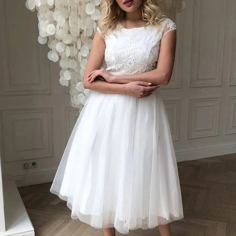 Short Wedding Dress Sleeve A-Line Lace Appliques O-Neck Bridal Gowns Organza White Robe De Mariee Knee Length For Petite Women