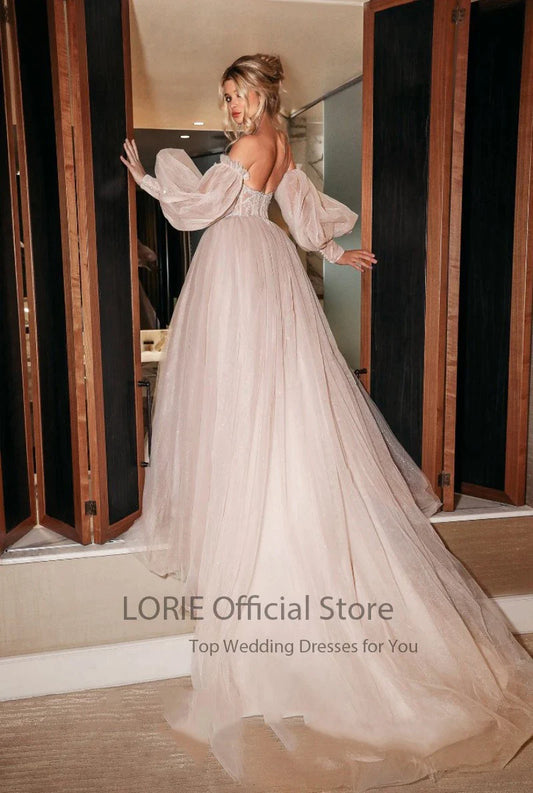 Sparky Wedding Dresses Puff Sleeve Appliques Lace off Shoulder Shiny Tulle A-Line Boho Bride Gown vestidos de novia