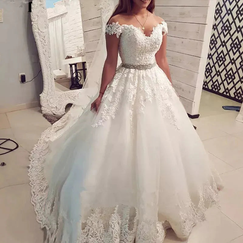 9183 Off Shoulder Embroidery Charming Sweetheart White Wedding Dress Custom Made Size Ball Gown Wedding Dresse Pure white 26w