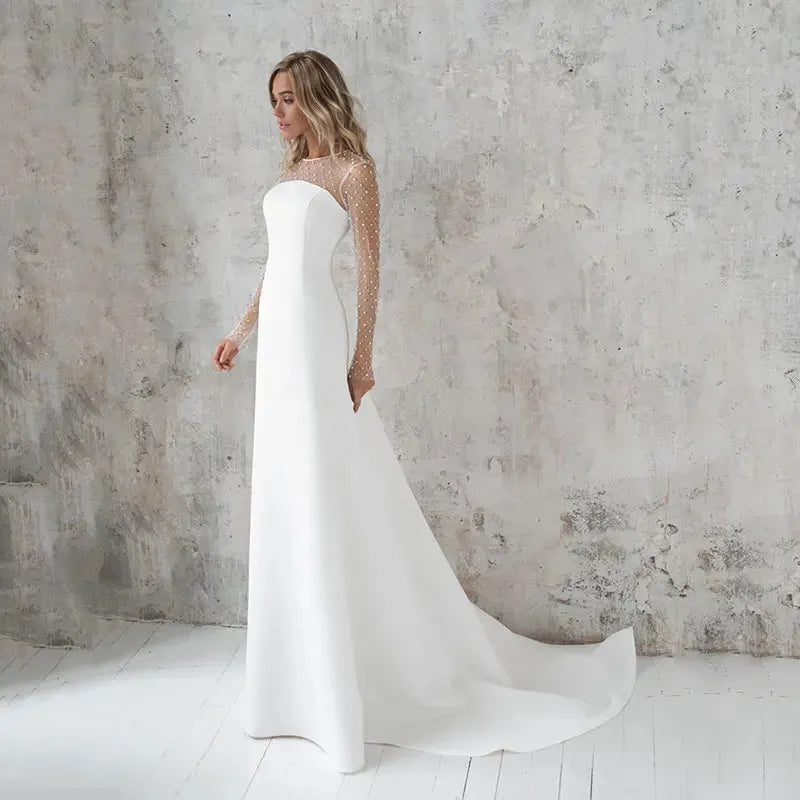 Long Sleeves Satin Wedding Dress For Women Modern O-Neck Pearls Bridal Gown Simple Sweep Train buttons Robe De Marie 14w