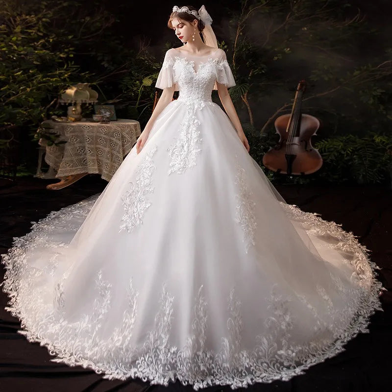 Wedding Dress New Vestido De Noiva Classic O-neck 1m Long Train Ball Gown Batwing Sleeve Princess Robe De Mariee Customize