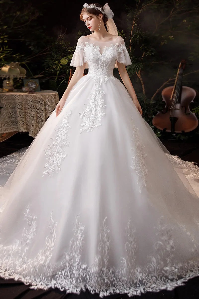 Wedding Dress New Vestido De Noiva Classic O-neck 1m Long Train Ball Gown Batwing Sleeve Princess Robe De Mariee Customize