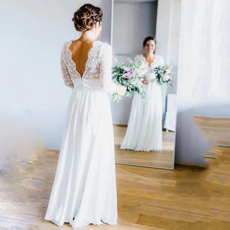 Robe De mariée transparente élégante, col en V, manches 3/4, dos nu, en dentelle et mousseline, robes De mariée