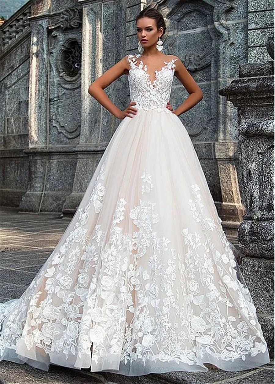 Custom Made V-neck Backless Tulle A-line Applique Lace Wedding Gowns vestido noiva 2021 Wedding Dress Boho WHITE