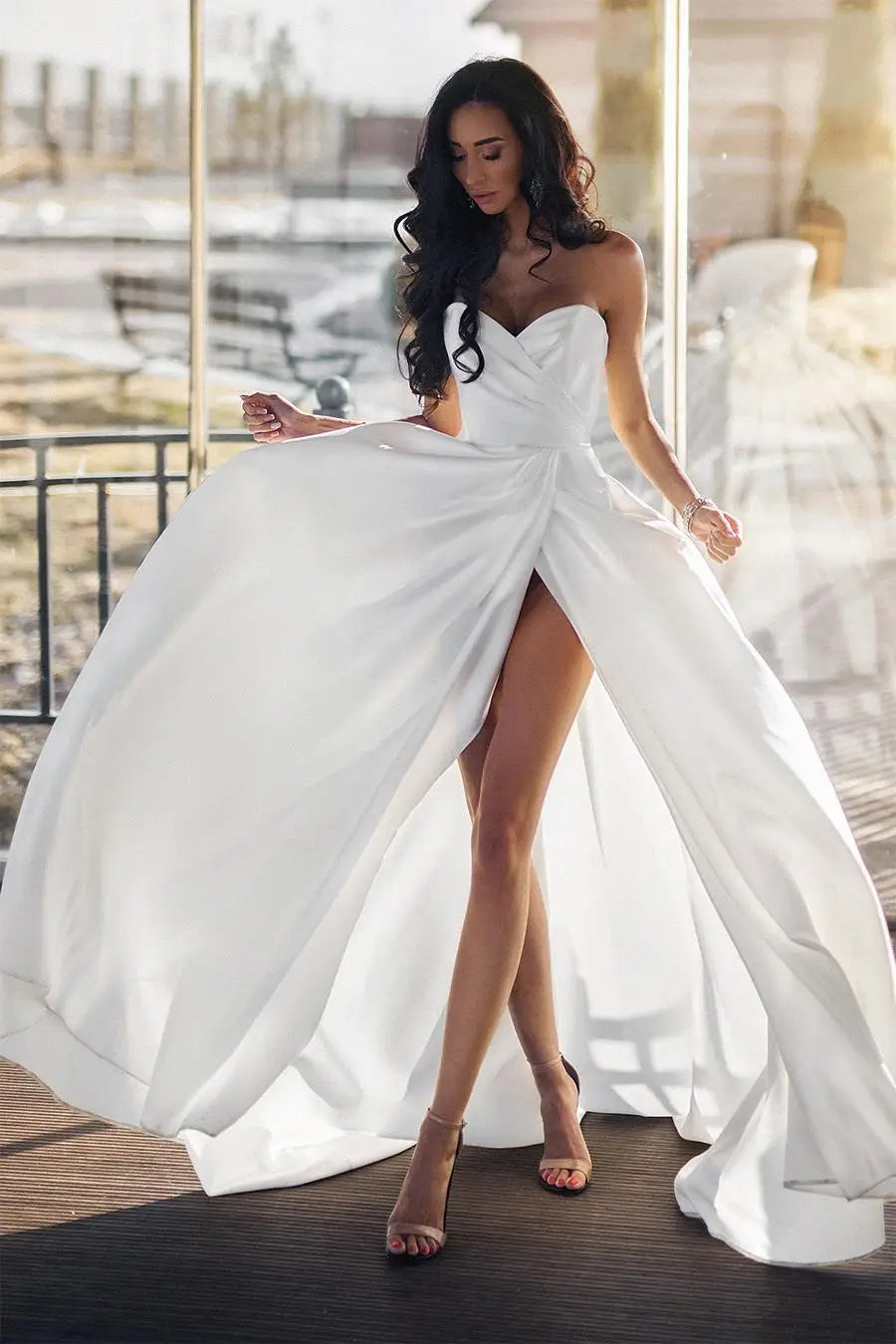 Gaun pengantin pantai biasa biasa ditambah saiz seksi kekasih lengan tanpa lengan celah gaun pengantin vestido de noiva Mariage disesuaikan