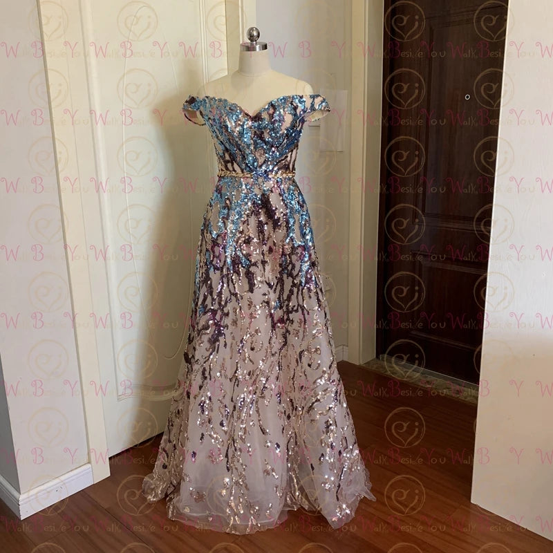 Sexy Prom Dress Colorful Sequin Off Shoulder Sweetheart Long Party A Line Formal Graduation Gown Evening Celebration Dress