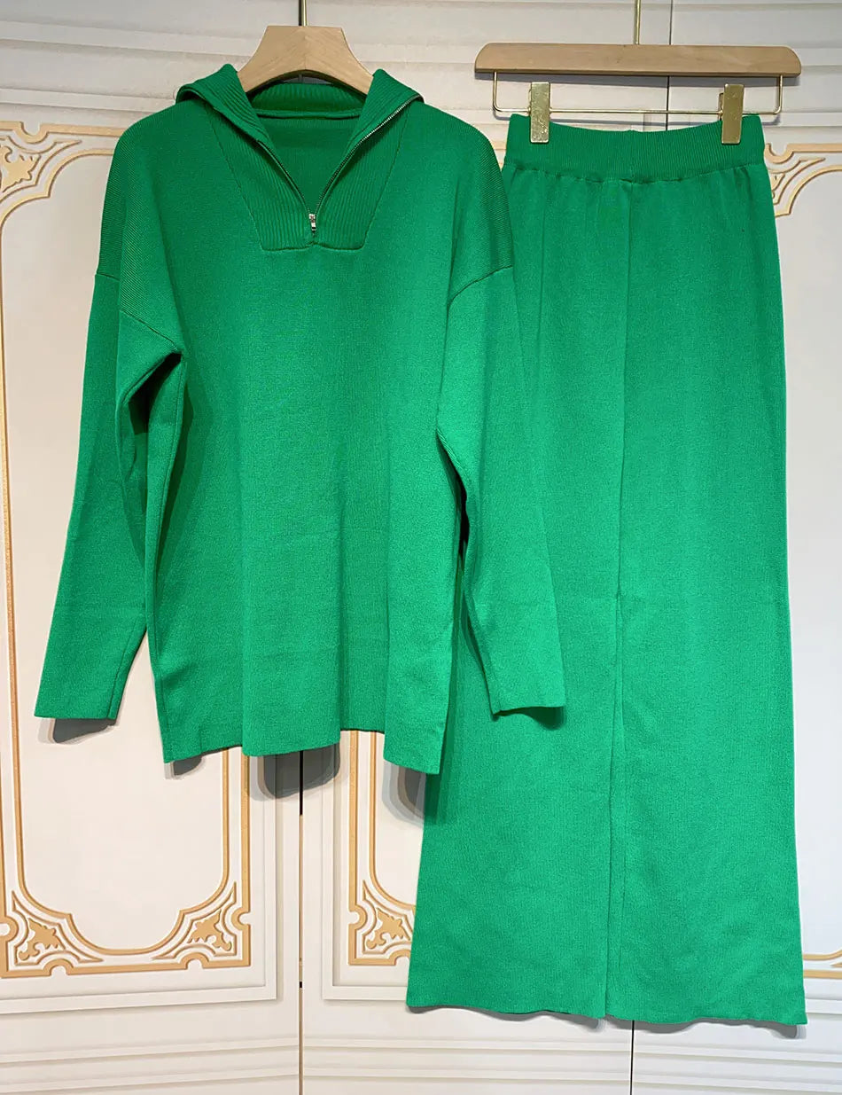 Casual Autumn Loose Knit Sweater Set Fashion Zip Lapel Long Sleeve Pullover Sweater & Straight Pants Two-piece Set green