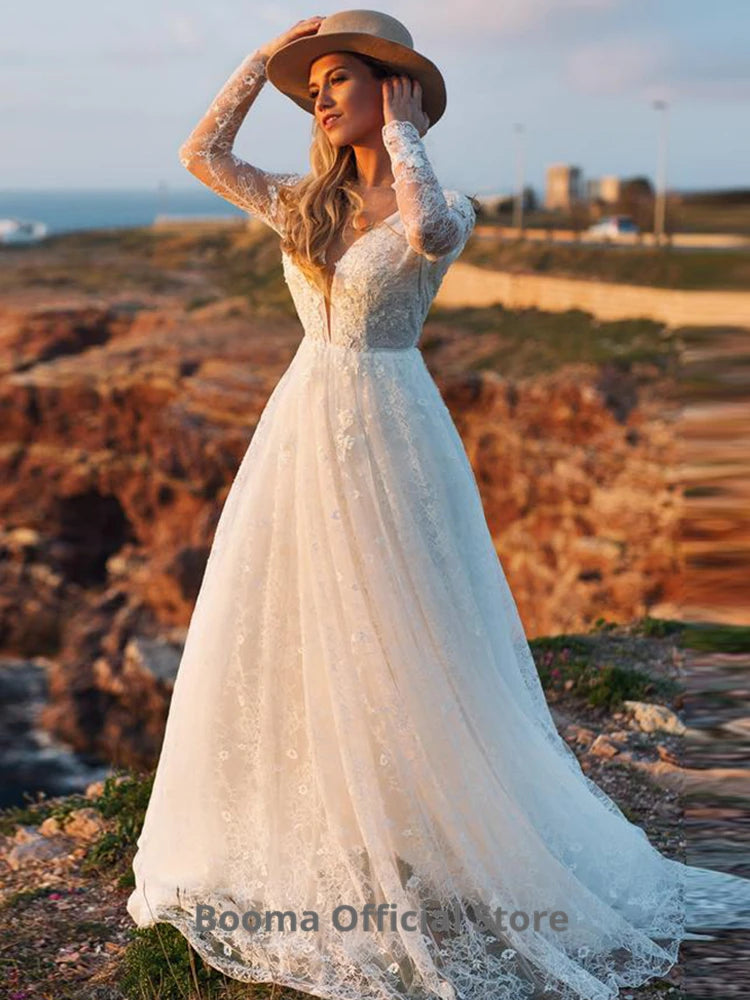 Vestidos de noiva elegantes de renda boho manga longa vestido de noiva Tule A-line Vestidos de noiva de praia Bohemia vestido de festa da princesa