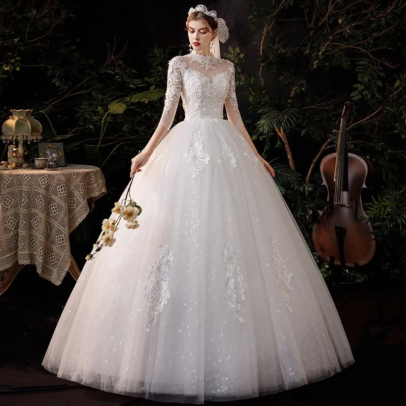 Wedding Dress Noble Three Quarter Sleeve Bridal Dress Elegant High Neck Ball Gown Princess Vestido De Noiva Plus Customize