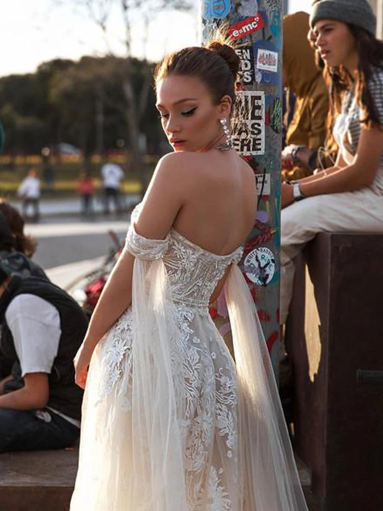 Abiti da sposa in pizzo fuori da spalla Sweetheart Beach Boho Bridal Gowns Sweep Train Princess Wedding Dress