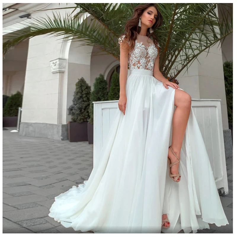 Lengan pendek gaun pengantin pantai gaun pengantin gaun sifon renda appliques gaun pengantin putih/gading kancing romantis