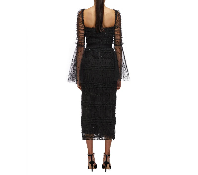 Dress Women Polka Dot Draped Mesh Sequined Mesh Long-sleeved Square Neck Halter Black Mid-length Bandage Midi Dress Gown