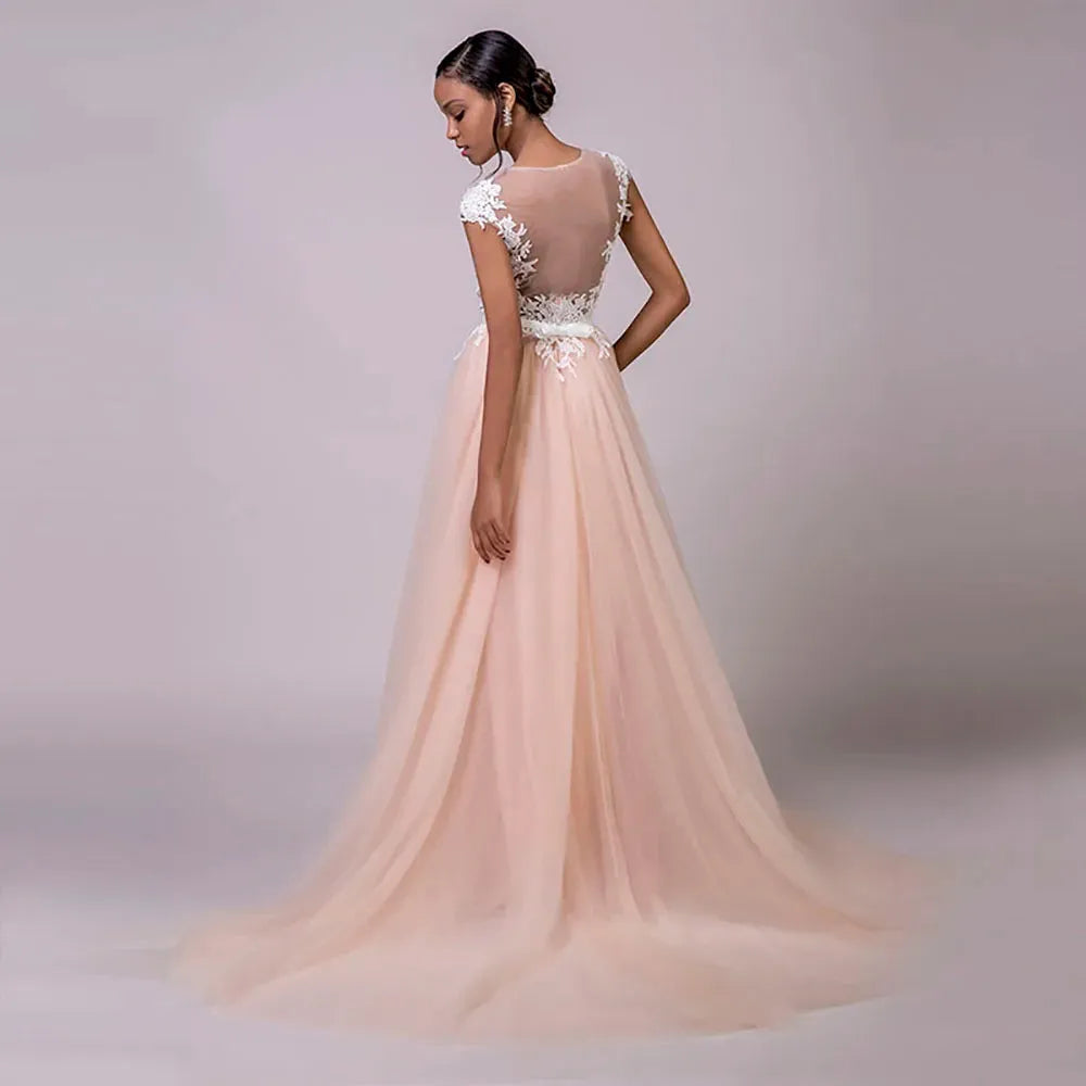 Wedding Dress Lace Appliques Arrival Cap-sleeves Romantic Dresses Bridal Gown Nude Back Vestido De Novia Playa 14w