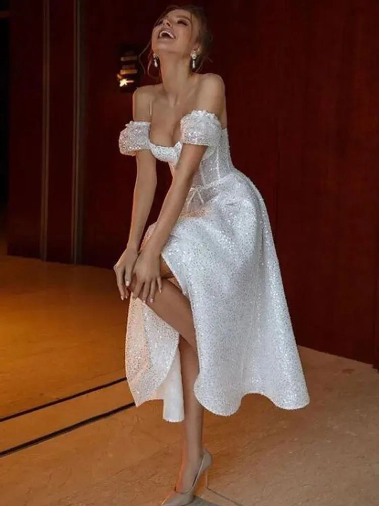 Shiny Glitter Tulle Wedding Dresses Sweetheart Boning Fitted Bodice Tea Length Bride Dresses Vestidos de novia Ivory