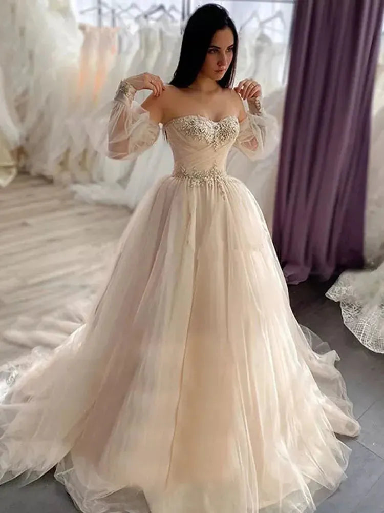 Boho Wedding Dress Sweetheart Appliques Lace A-Line Puffy Sleeves Princess Elegant Wedding Gown Bride Dresses Ivory 24w Boho