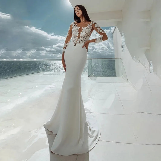 Lengan Panjang Pakaian Perkahwinan Mermaid Putih Ilusi Seksi Putih Lace Appliques Elegant Bridal Dress Gowns Beach Vestidos De Noiva