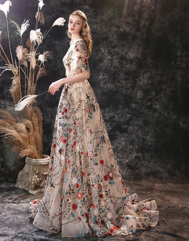 Floral Embroidery Evening Dresses Long Dress Colorful Tulle Short Sleeve Court Train Romantic Prom Gowns Party Women Wear