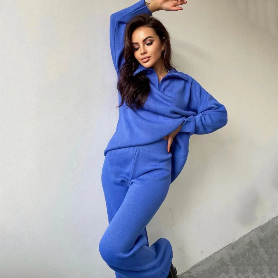 Casual Autumn Loose Knit Sweater Set Fashion Zip Lapel Long Sleeve Pullover Sweater & Straight Pants Two-piece Set