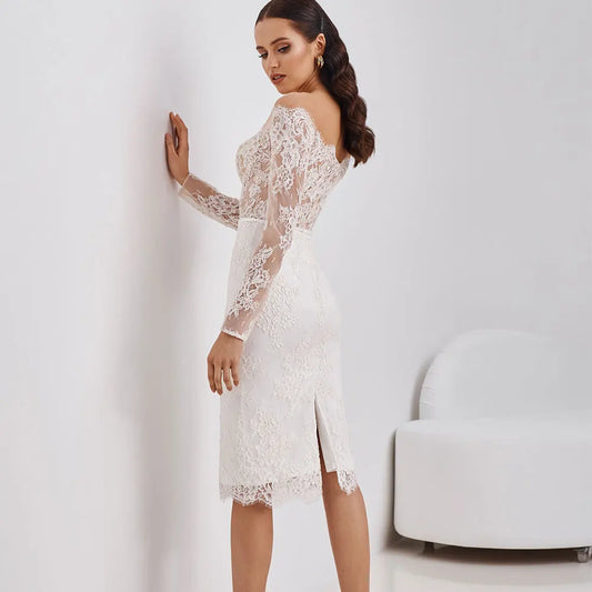 Gaun pengantin renda pendek yang elegan dari bahu gaun pengantin lengan panjang vintage custom dibuat plus ukuran vestidos de novia