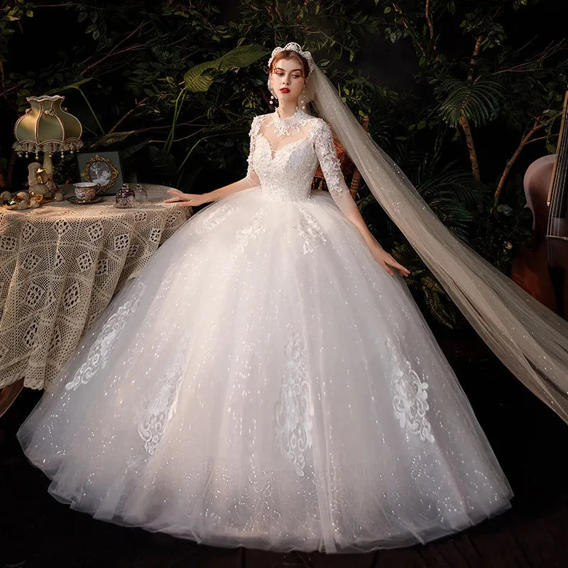 Abito da sposa nobile abito da sposa a tre maniche da tre quarti elegante abito da ballo ad alto collo principessa Vestido de noiva più personalizza